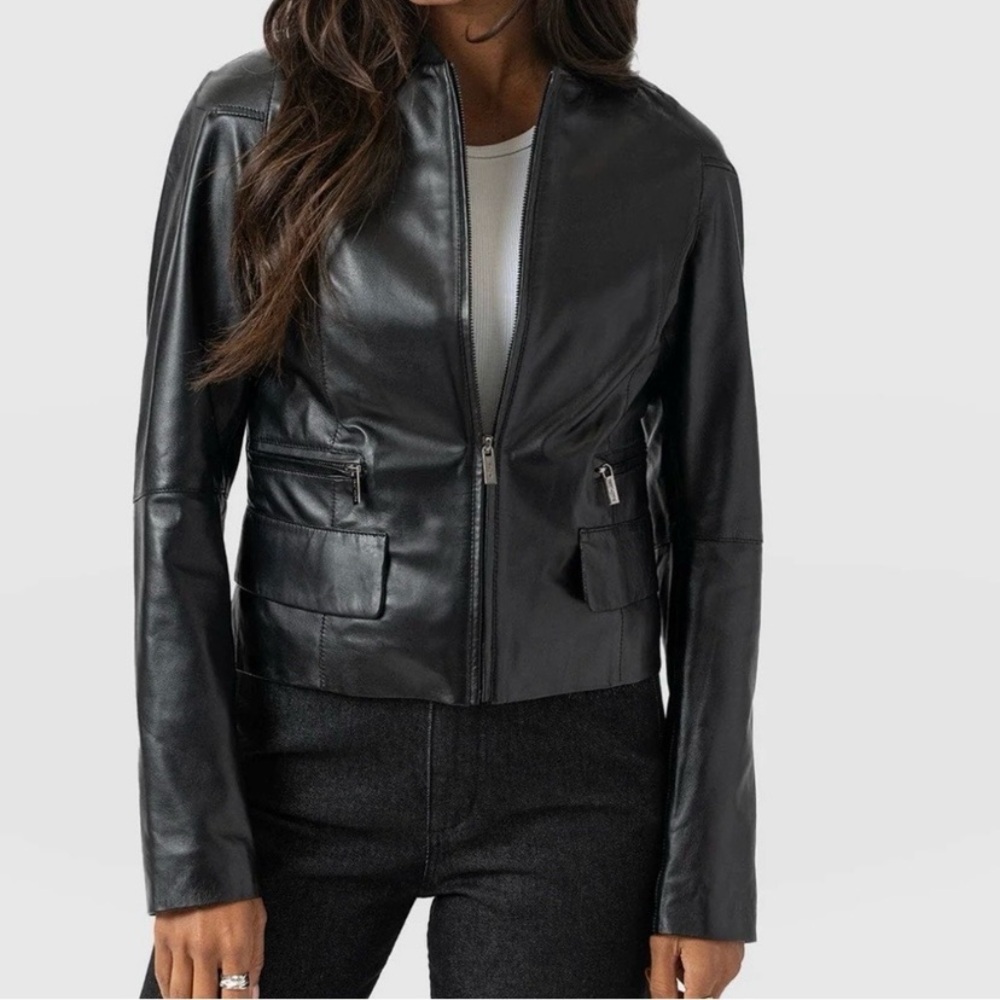 Saint + Sofia Blane Black Leather Bomber Jacket - Picture 13 of 13